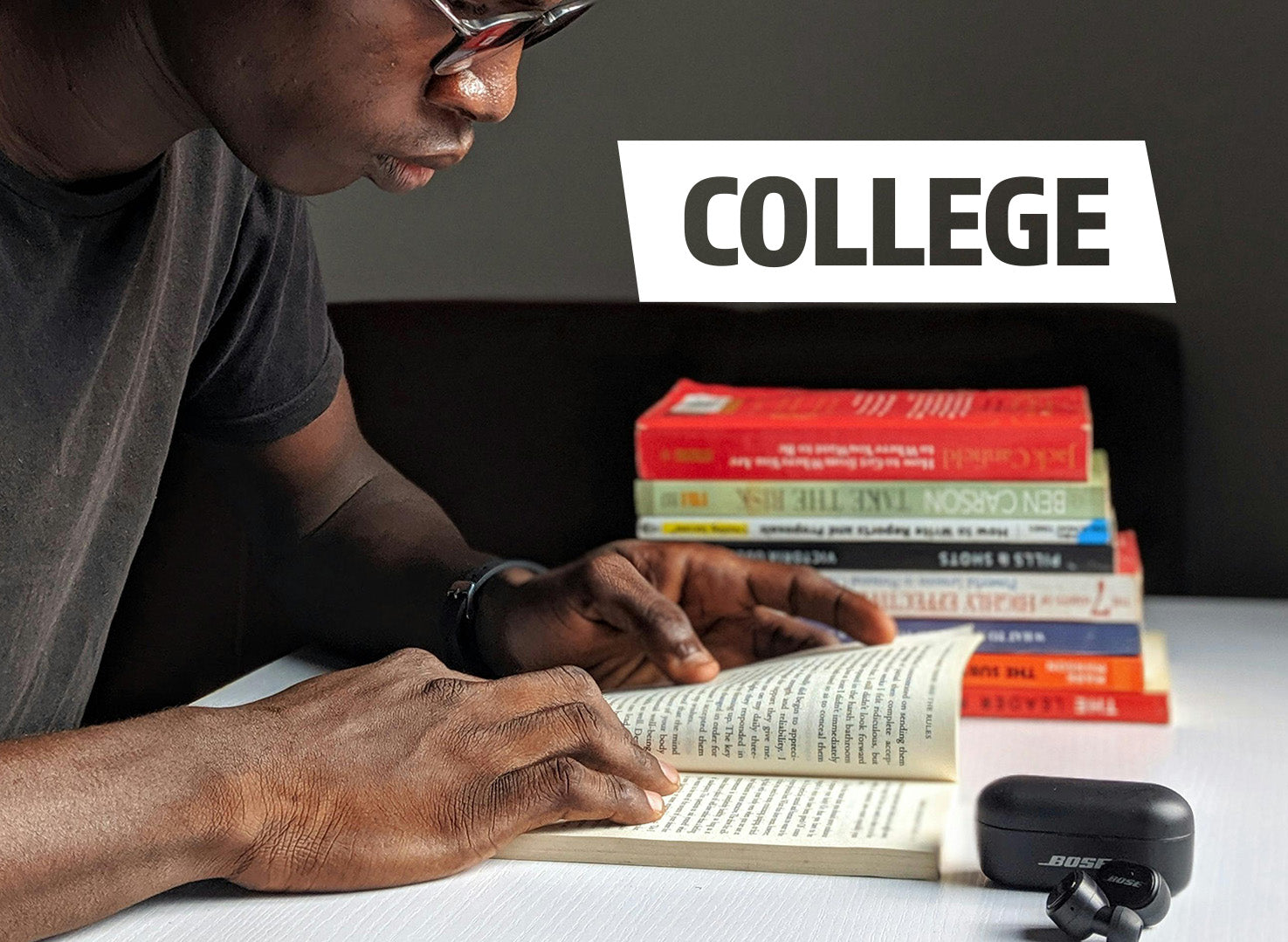 Person reading a book with 'COLLEGE' text overlay