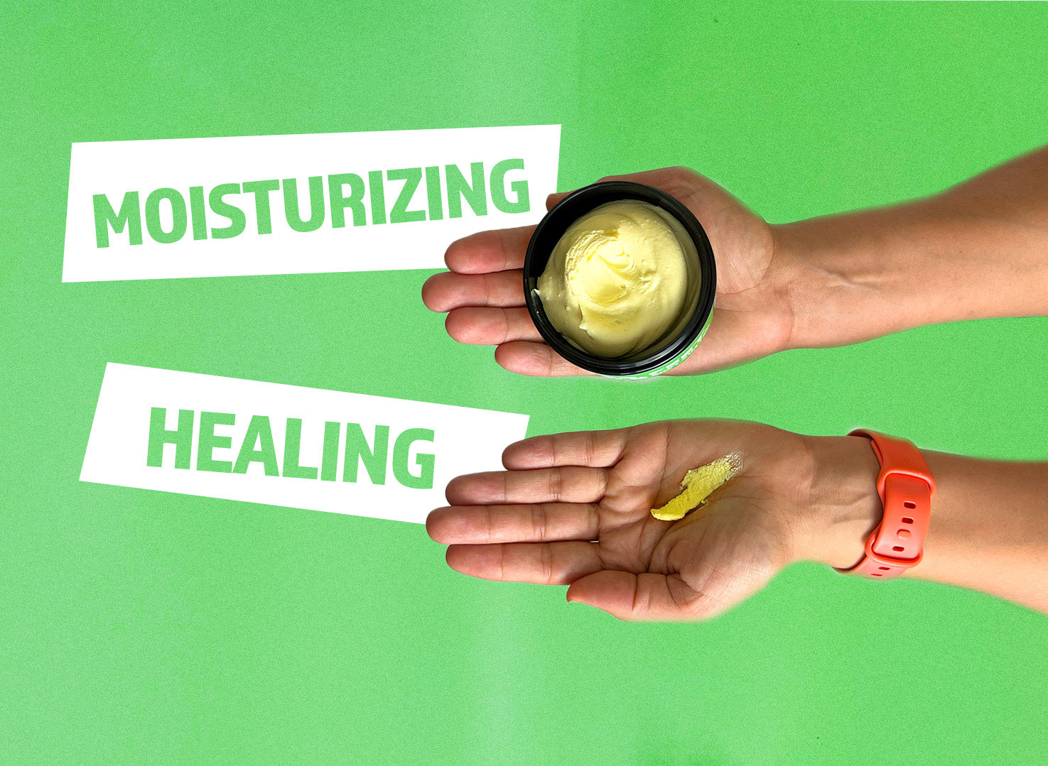 Hand holding a small container of cream with text 'Moisturizing' and 'Healing' on a green background.