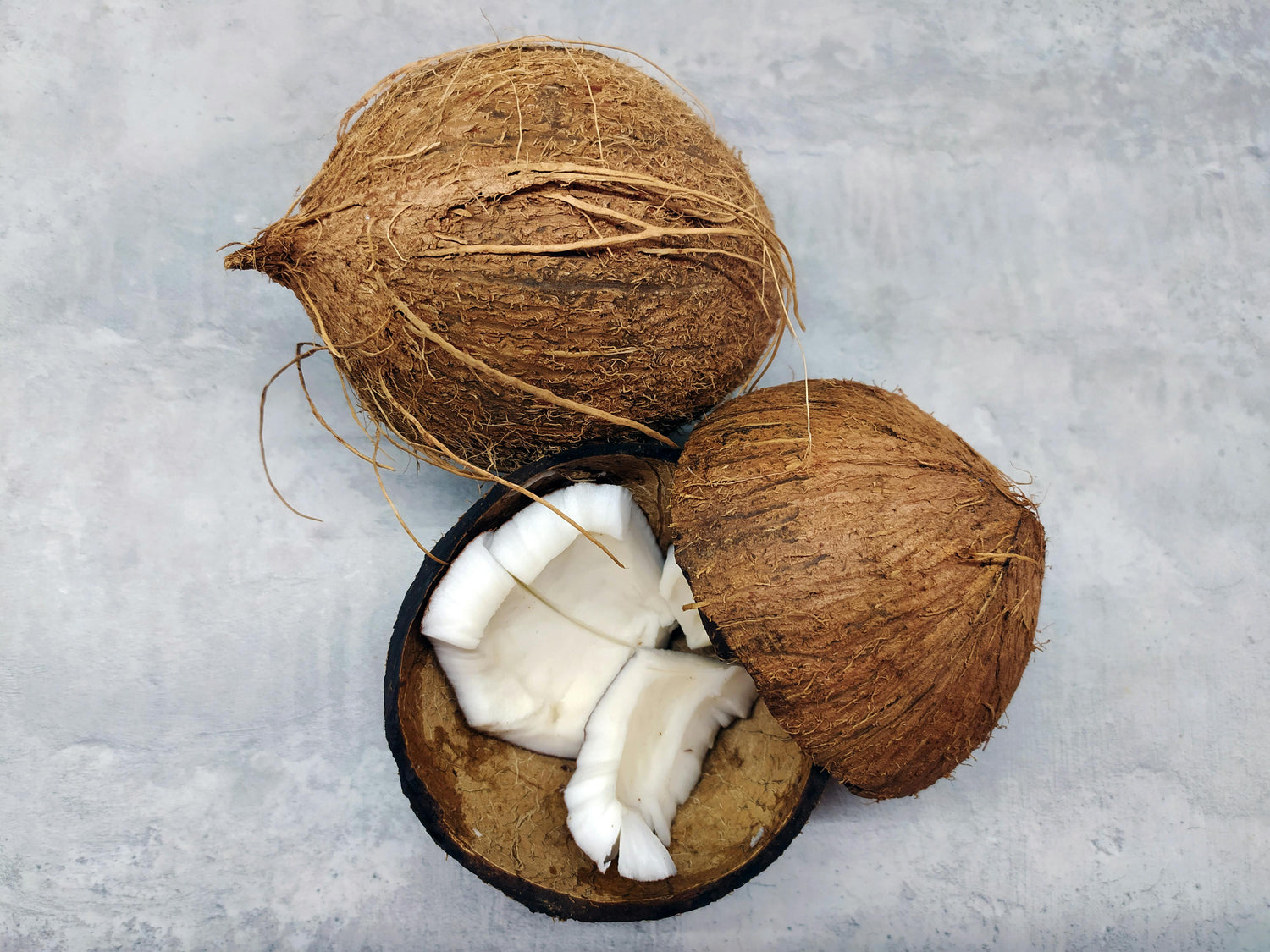 Two coconuts, one open to reveal white flesh, on a gray surface.